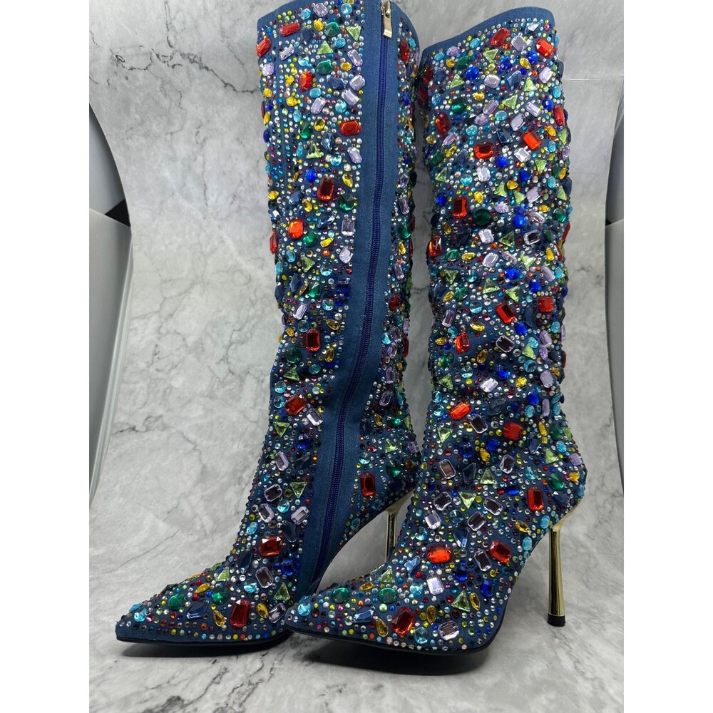Azalea Wang EMBER Women's Multicolor Rhinestones Denim Knee-High Gold Stiletto